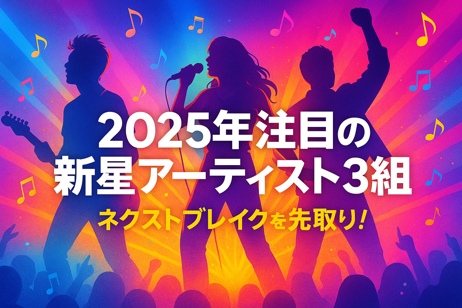 2025年に注目される新星アーティスト3組を紹介する音楽記事のアイキャッチ画像。ステージ上のシルエットとカラフルな背景が特徴。