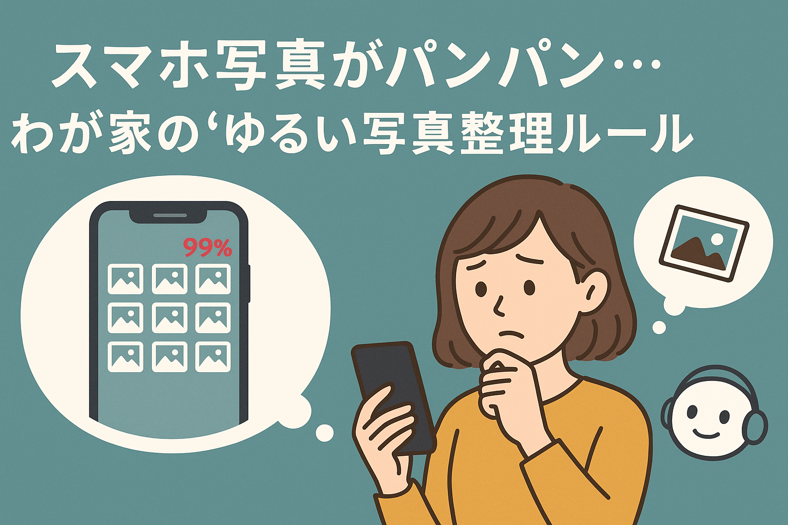 スマホ写真の容量がいっぱいになって困っている主婦が写真整理のルールを考えている様子をイメージしたアイキャッチ画像