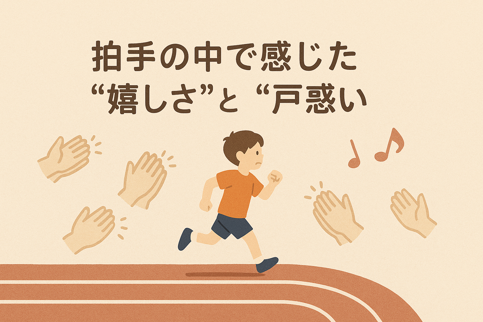 支援級の運動会で拍手に包まれて走る子どものイメージ。応援と感情の揺れを表すイラスト