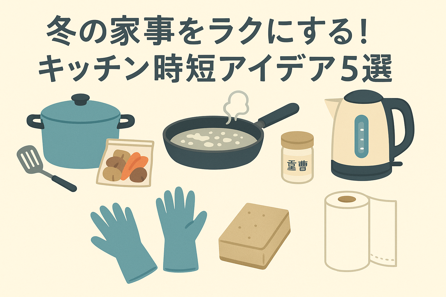 冬のキッチン家事をラクにする時短アイデアをイメージしたシンプルな横長イラスト画像