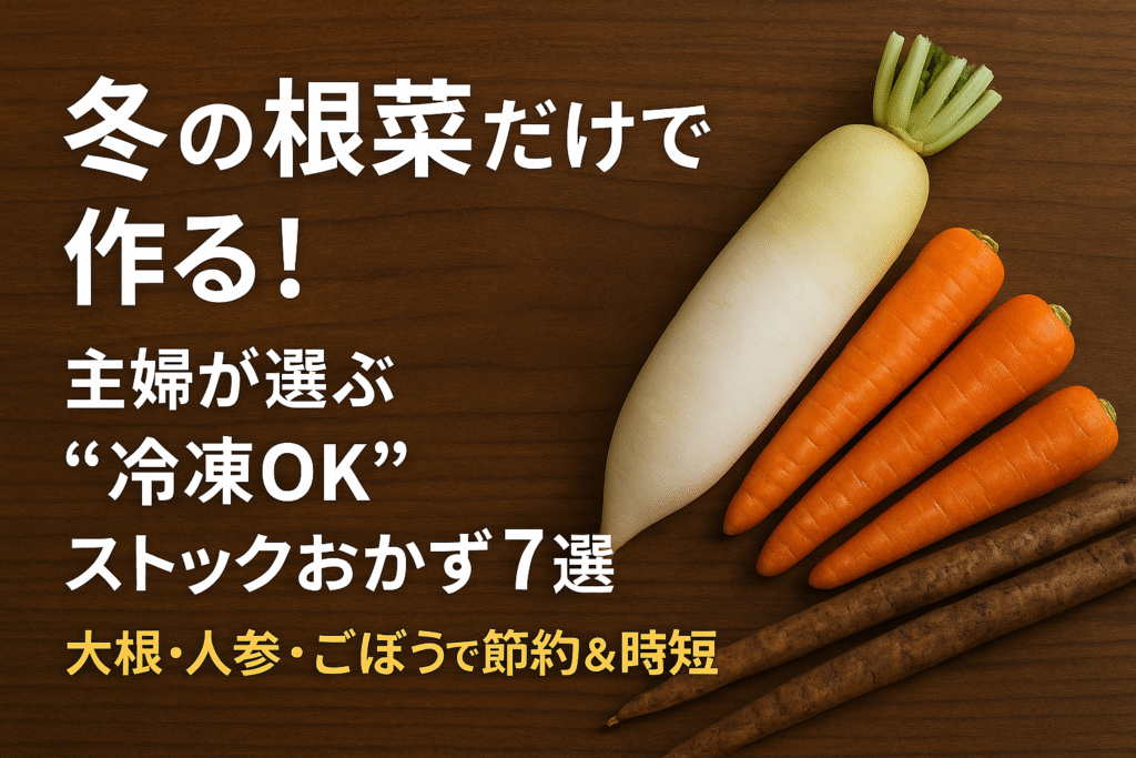 冬の根菜（大根・人参・ごぼう）が木のテーブルに並ぶナチュラルなイメージ