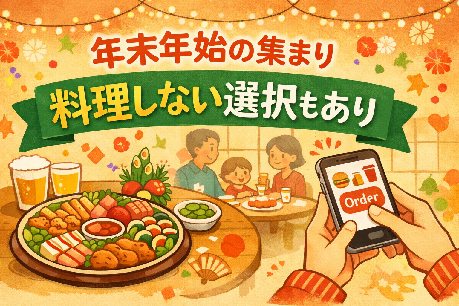 年末年始の集まりでオードブルや宅配を利用するイメージ