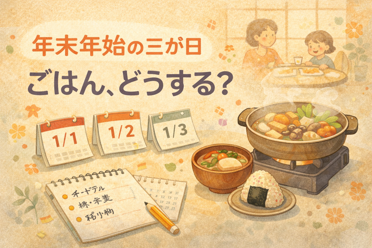 年末年始の三が日に向けた、がんばらないごはんローテーションをイメージしたイラスト