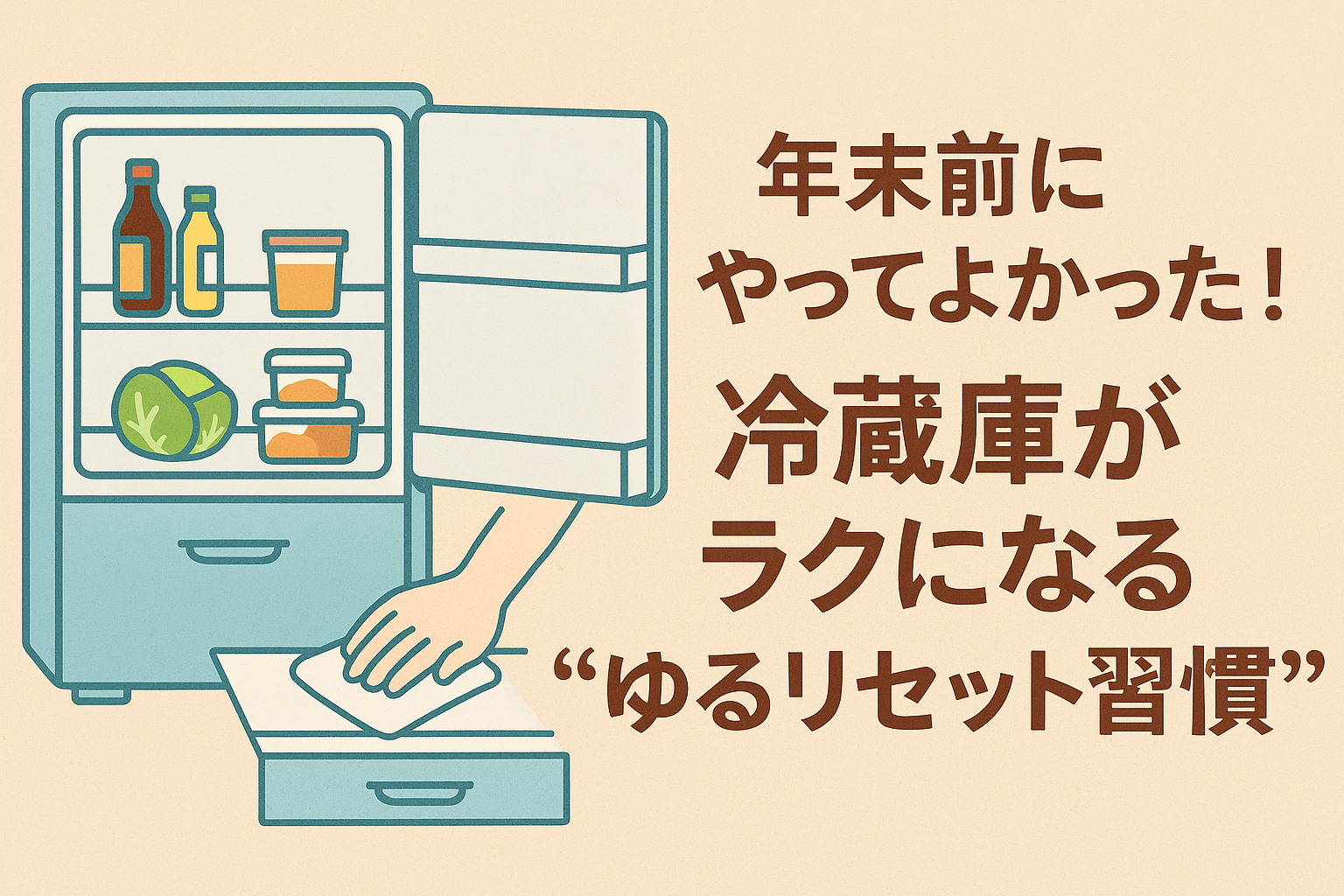 年末前にやってよかった冷蔵庫のゆるリセット習慣をイラストで表現したアイキャッチ画像