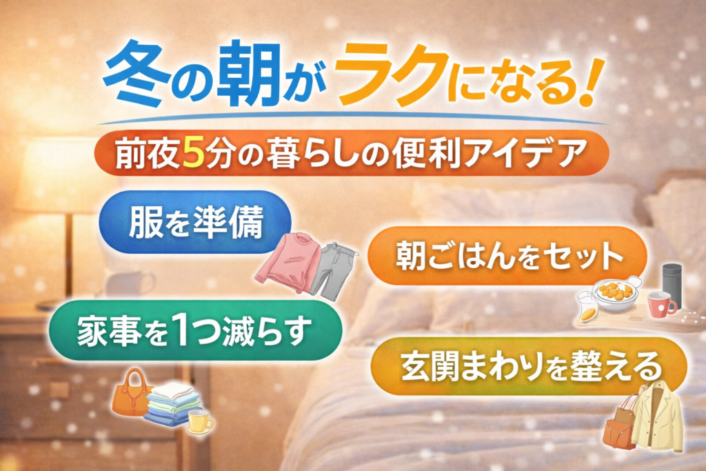 冬の朝がラクになる前夜5分の暮らしの便利アイデアを紹介するアイキャッチ画像