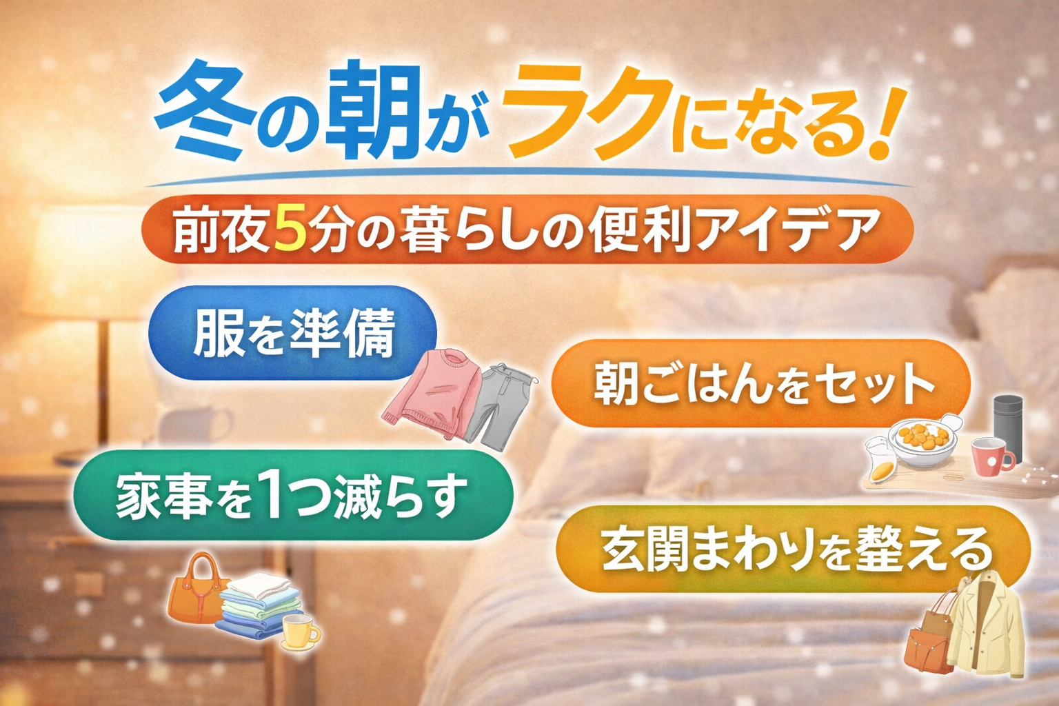 冬の朝がラクになる前夜5分の暮らしの便利アイデアを紹介するアイキャッチ画像
