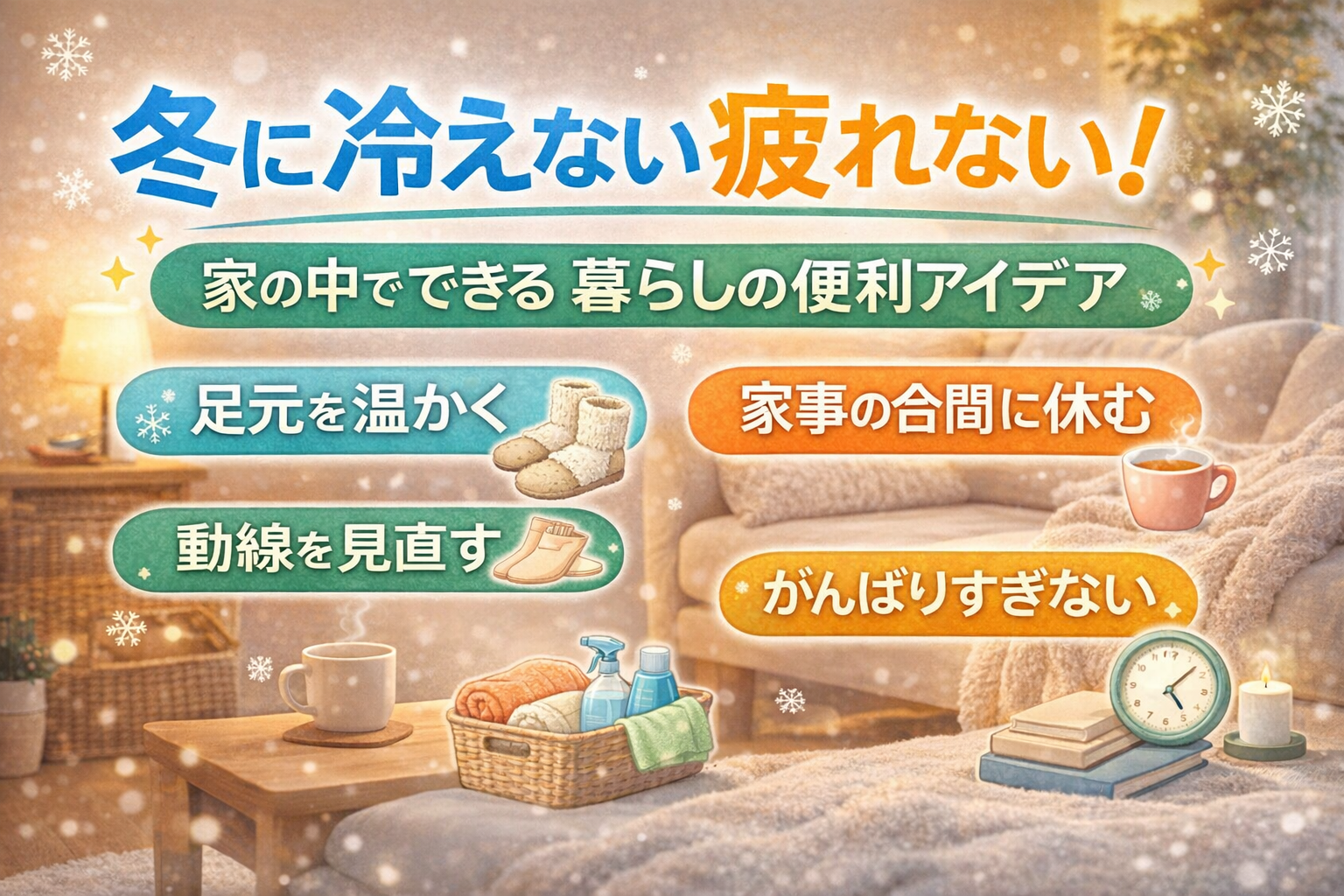 冬に冷えず疲れにくく過ごすための家の中の暮らしの便利アイデアを紹介するアイキャッチ画像
