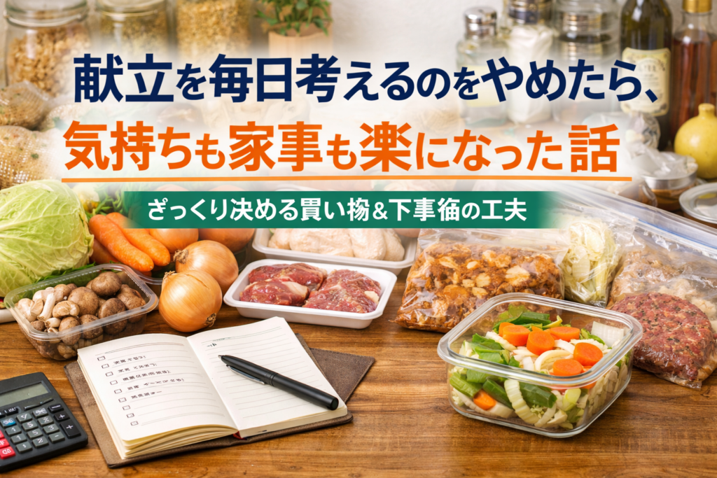 alt="献立を毎日考えるのをやめたら気持ちも家事も楽になった我が家の買い物と下準備を紹介する記事のアイキャッチ画像"